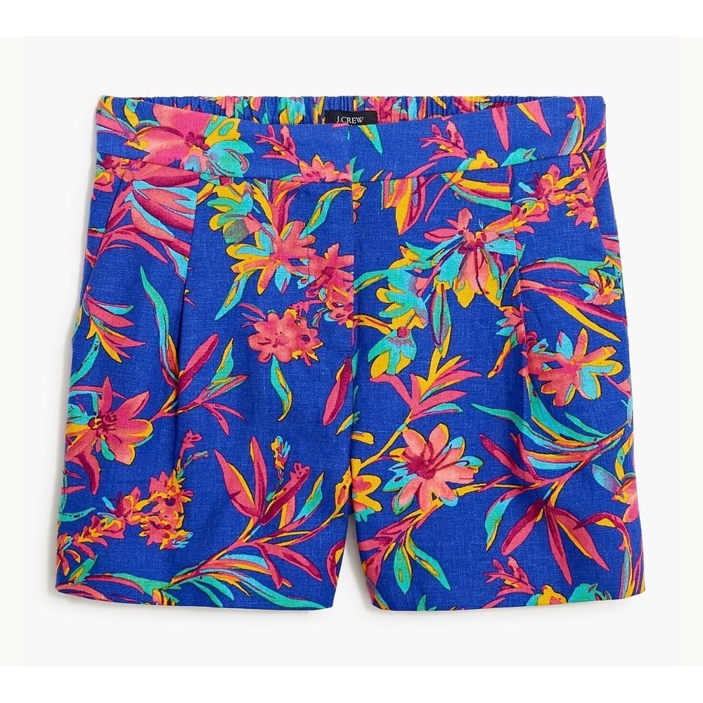 Factory Pleated Linen Trouser Shorts Brilliant Blue Fuchsia Tropical Floral 10